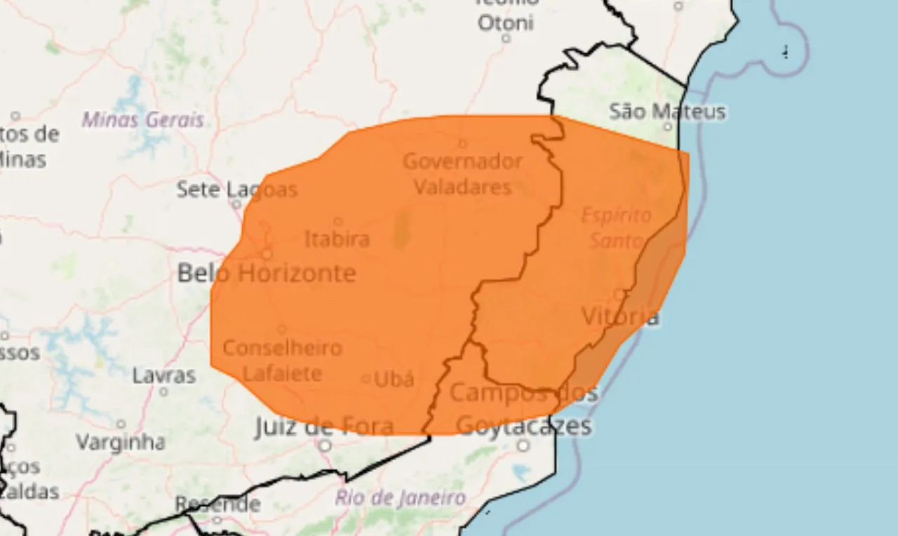 a imagem mostras às áreas em alerta laranja para chuva intensa, ventos e raios em partes de MG, RJ e ES